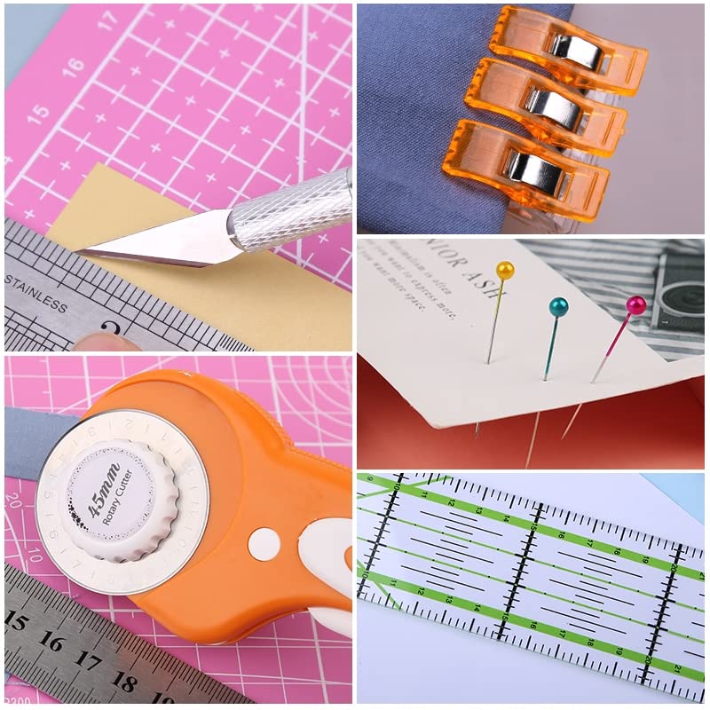 KAOBUY 132Pcs Rotary Cutter Kit 45mm Rotary Cutter Carving Knife A4 Cutting Mat Sewing Pins for Fabric Leather DIY Sewing Craft