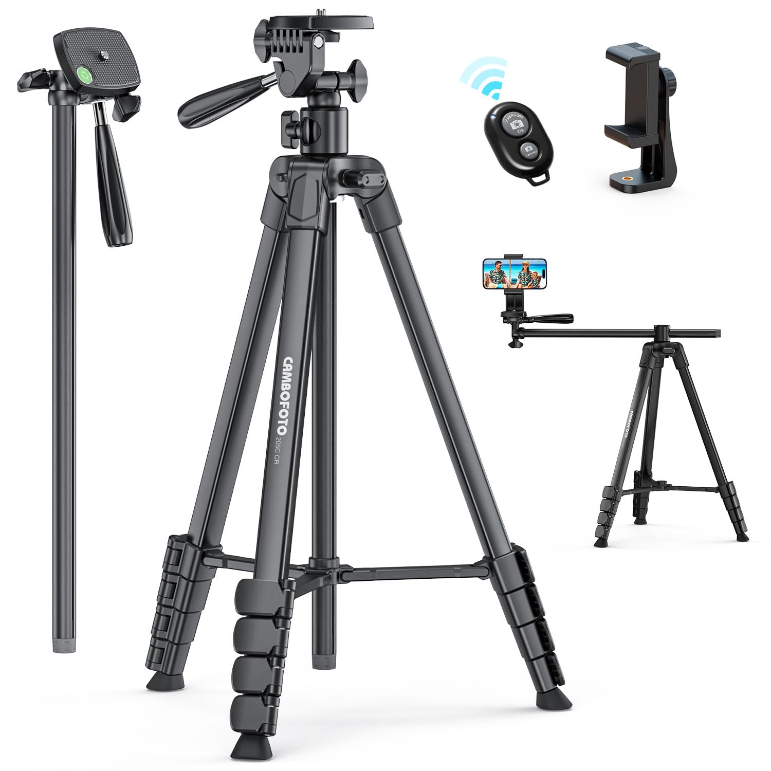 CAMBOFOTO 73"-Phone-Tripod-with-Horizontal-Overhead, Selfie Stick/Tall Travel Stand with Wireless Remote and iPhone Holder, Mirrorless/Compact/GoPro/