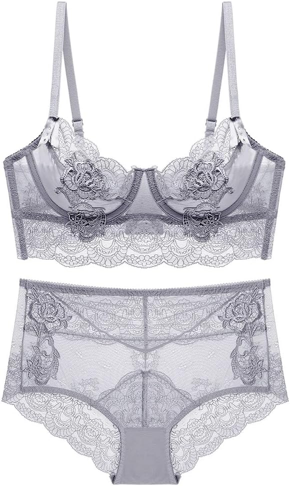 Guoeappa Women's Floral Soft Lace Lingerie Set See Through High Waisted Underwear Underwire Sheer Bra and Panty Set
