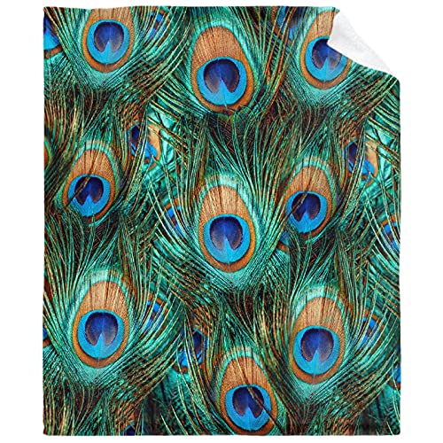 TERSTIN Couverture en flanelle polaire et velours avec plumes de paon - Couverture personnalisée - Chaude et confortable - Anti-boulochage - 127 x 152,4 cm