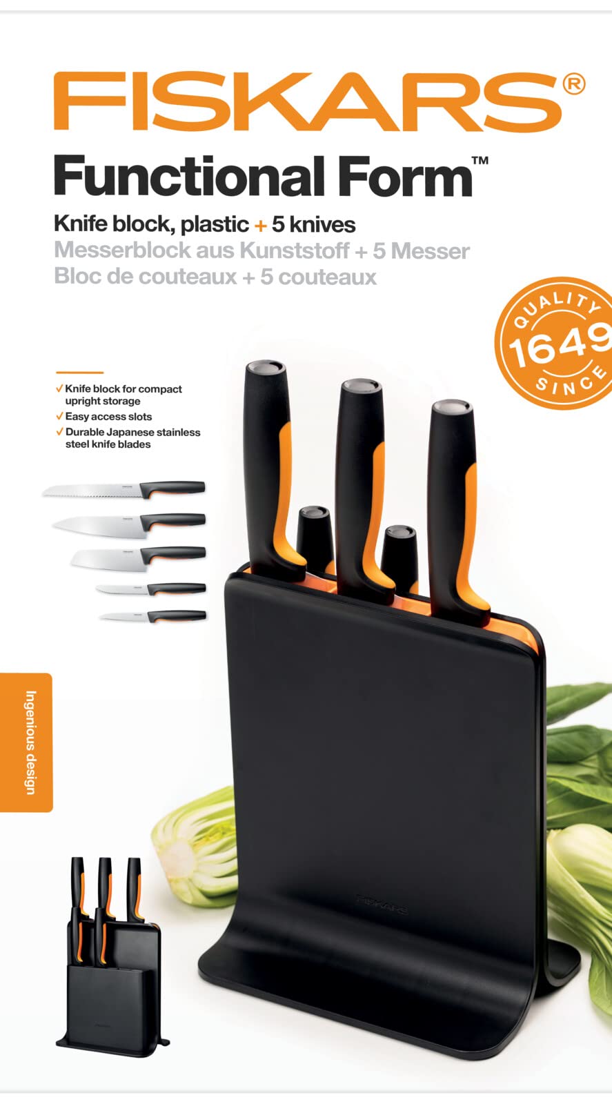 Fiskars Ceppo per Coltelli di Design con 5 Coltelli, Functional Form, Incl. Spelucchino, Coltello per Pomodoro, Coltello Santoku, Coltello da Cucina e per Pane, Plastica, Nero, 1057554