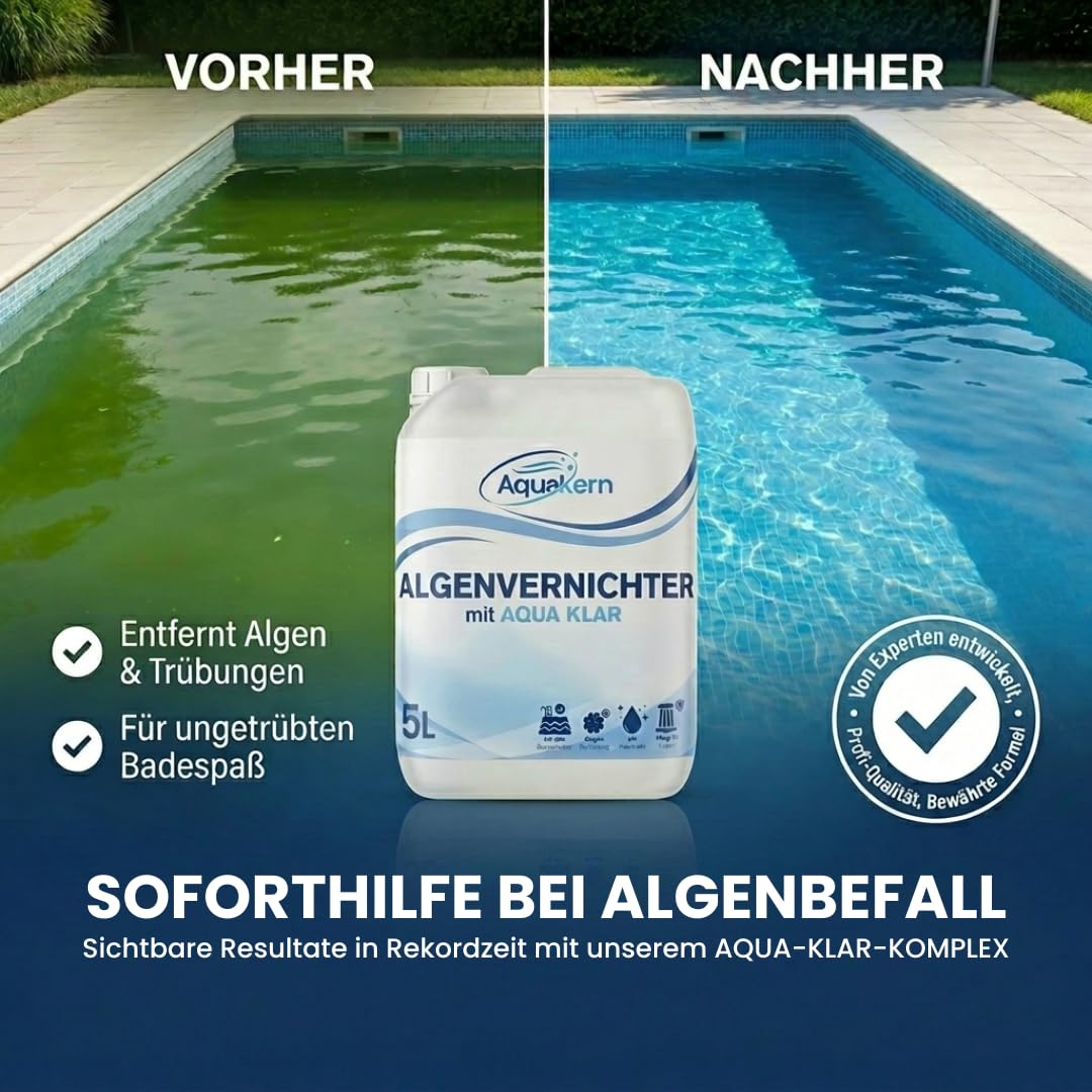 Algenvernichter 5L [mit Aqua KLAR KOMPLEX] entfernt Grünbelag | Algizid bei Grünalgen | Für mehr als 150.000 Liter | Schaumfreier Algenverhüter | Algenschutz für Pool | Made in Germany