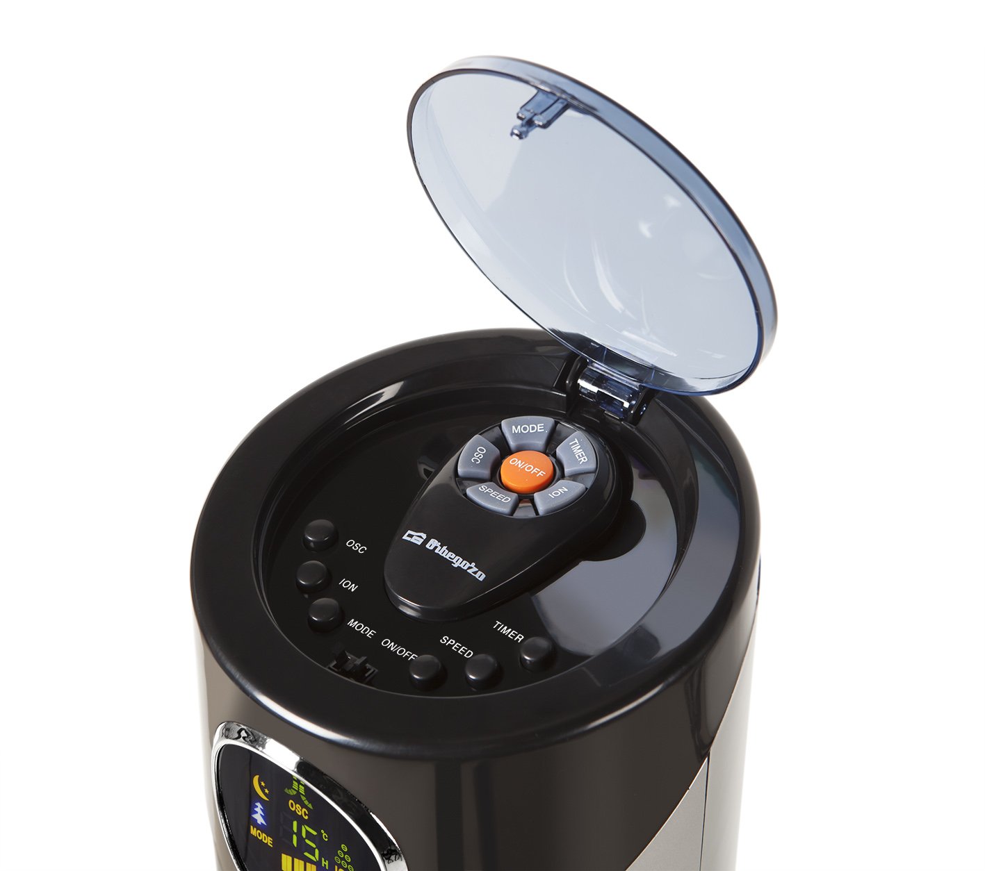 Orbegozo TWM 1009 - Ventilatore a torre con telecomando, ionico, 60 W, con 3 opzioni di velocità e oscillazione, vassoio per essenze, pannello frontale a LED, nero