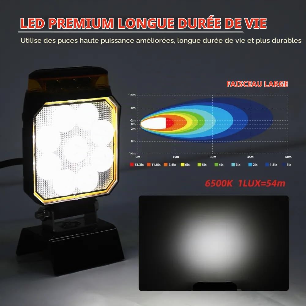 2 Phares de Travail LED avec Gyrophare LED 12V 24V 10W Faisceau Flood Blanc Feu de Recul Feu Antibrouillard + Feu de Pénétration Stoboscopique Flash Orange