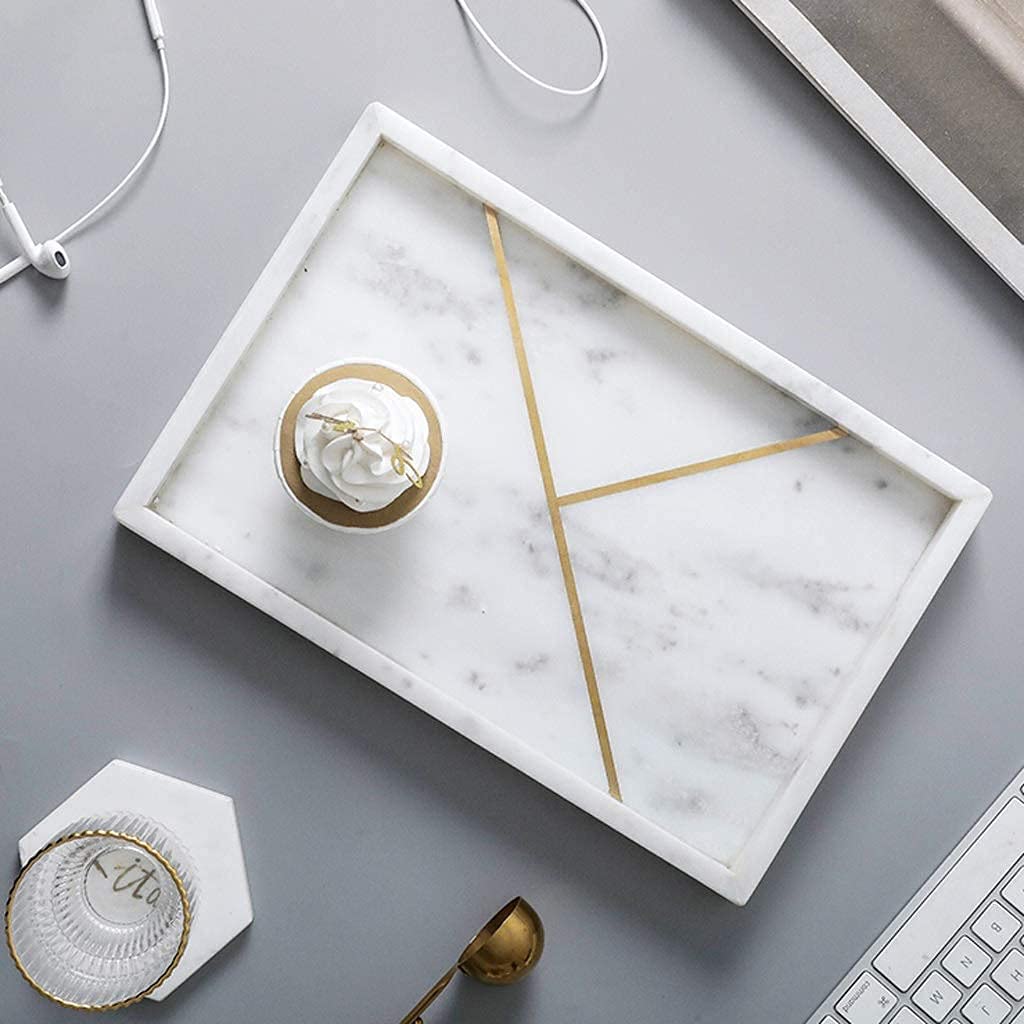 LushhRectangular Marble Stone Tray with gold pattern, Decorative Tray for Counter, Cosmetics Jewellery Tray, Kitchen Organizer, Coffee Table Tray,Dresser organizer, Trinket Tray (White)