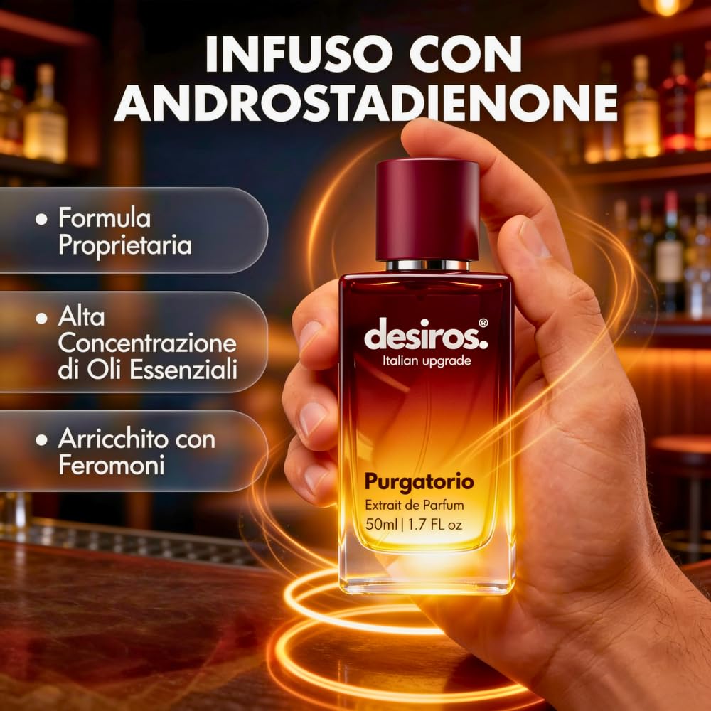 Desiros Purgatorio - Italienischer Herrenduft, verführerisch, holzig, intensiv, 50 ml | Markenduft, Pheromonparfum, Eau de Parfum für den Abend, 25% ätherische Öle, Tabaknoten, Oud, Weihrauch, Geschenk für Herren