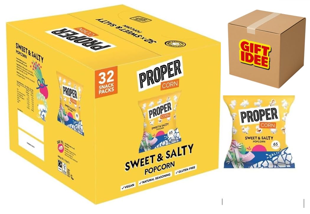 Proper Corn Lot de 32 popcorn sucré et salé – 14 g, boîte de 32 | Assaisonnement naturel au sel de mer et sucre de canne, végétarien, sans gluten, maïs soufflé à la main, 65 kcal Gift Idee