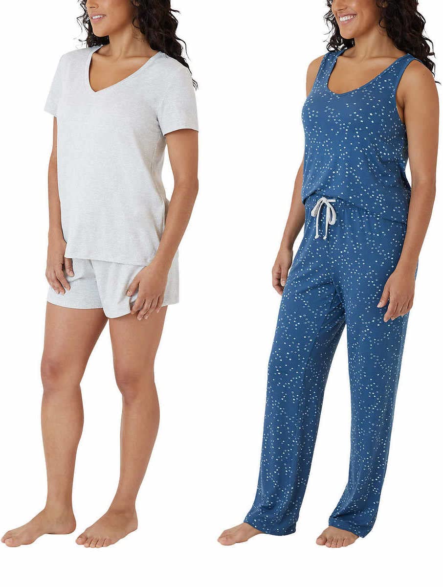 Eddie Bauer Damski 4-częściowy zestaw do spania, tank , koszulka, szorty, spodnie, Szary/niebieski, XS