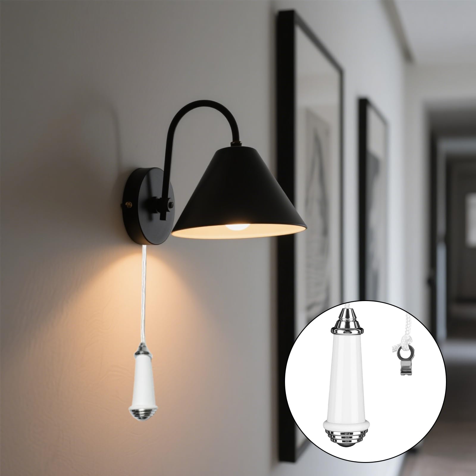 Qwrqwr Light Pull Cord Switch for Bathroom Bedroom Classic Ceramic Chrome Handle with 150cm Nylon String Extension Durable Replacement for Ceiling Lights Fans and Toilet Switches (White) - Image 4