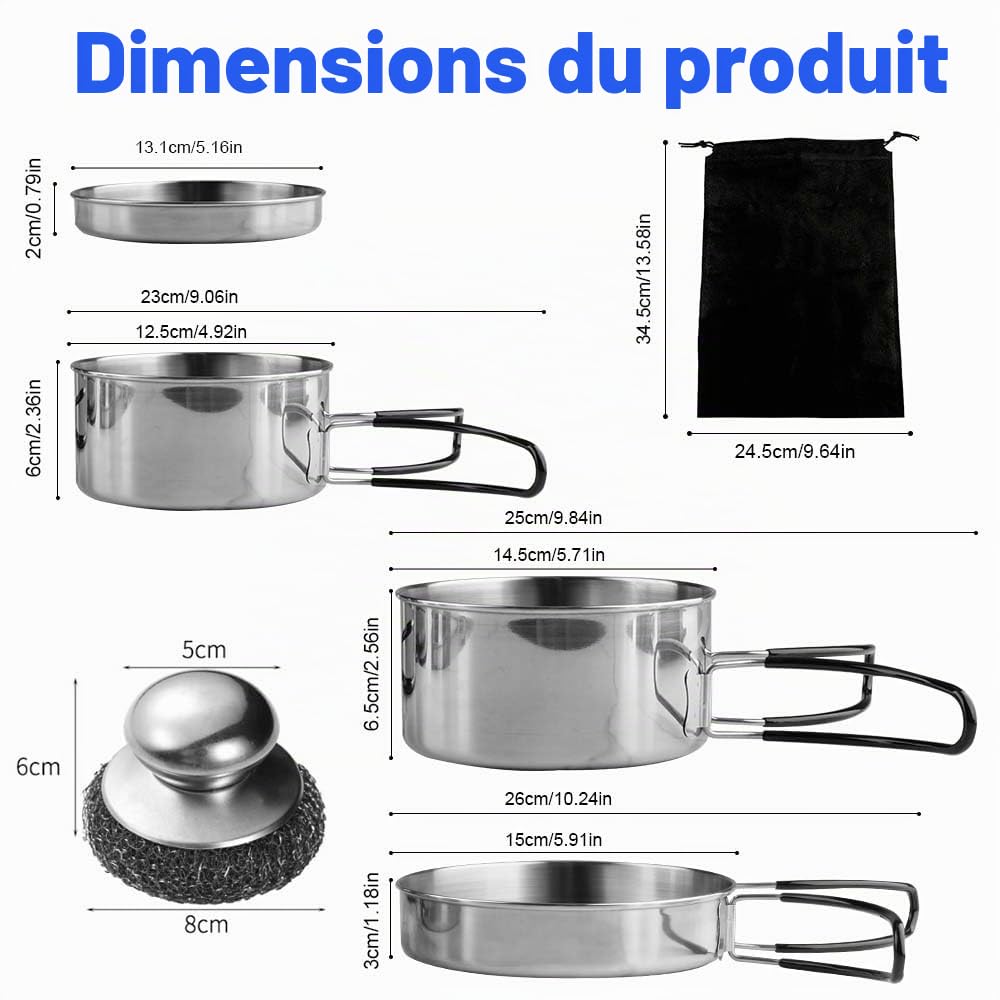 Kit De Casseroles De Camping, 9 Pièces, Casserole Empilable Camping,Popote De Camping INOX, 2-3 Personnes, Casseroles Et Poëles De Camping, pour Pique-Nique, Camping, Randonnée