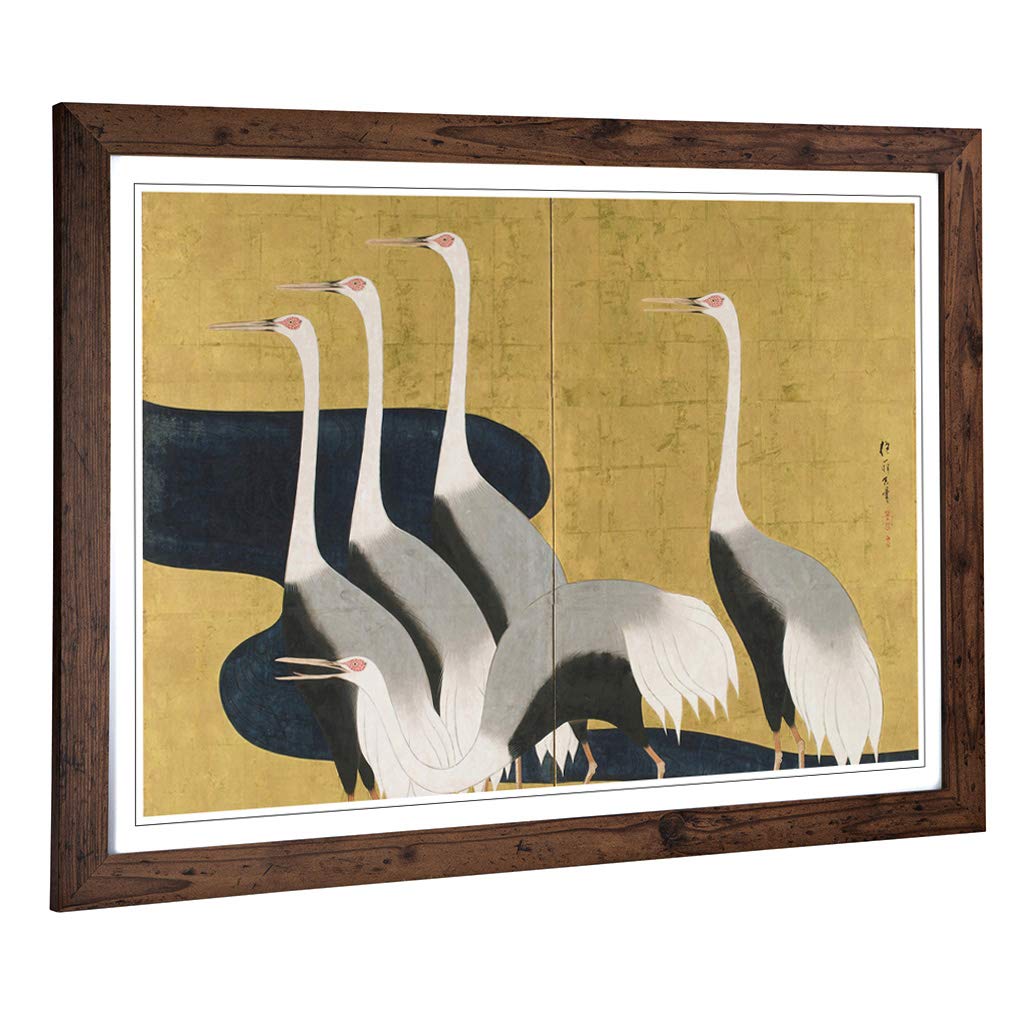 Big Box Art Framed Print of Sakai Hoitsu Cranes Oriental Japanese Design | Wall Art Picture | Home Decor for Kitchen, Living Room, Bedroom, Hallway, Walnut, A2 / 24.5x18 Inch / 62x45cm