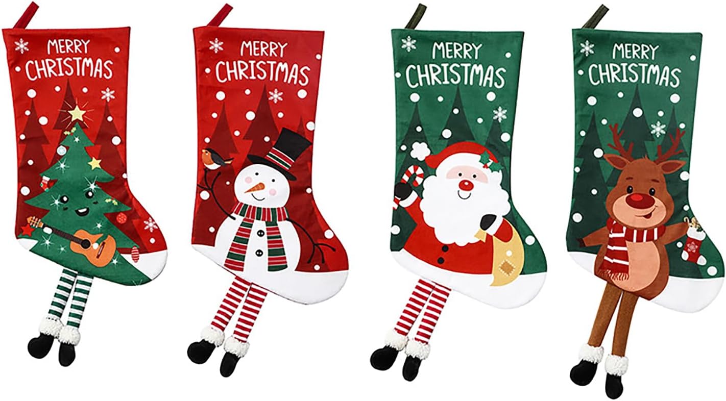 Beauenty Christmas Stockings 4PCS 18.1 Inch Large Size Christmas Sack Gift Stockings for Tree Decoration Christmas Ornament Candy Bag Gift Bag for Stockings Candy Bag with Reindeer (C)