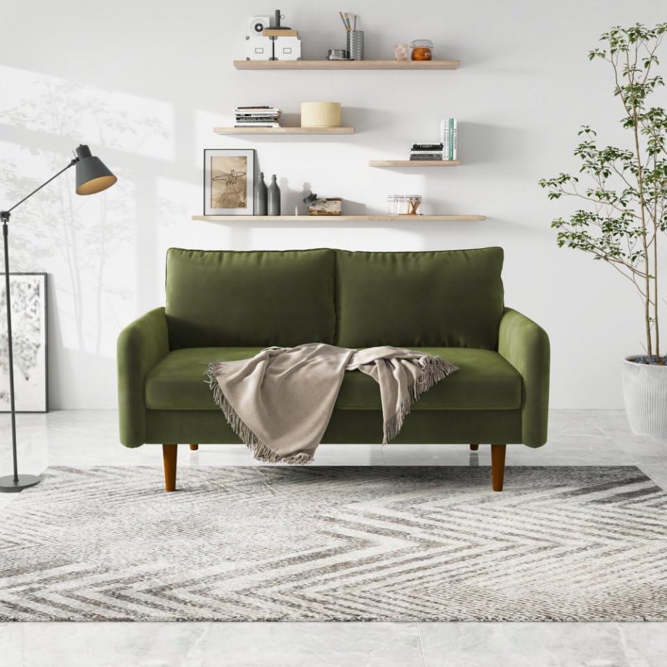 Miniatura 1 de Cómodo sofá biplaza de tela de terciopelo de 58 pulgadas de ancho con asiento profundo y patas de madera maciza, moderno sofá reclinable de mediados