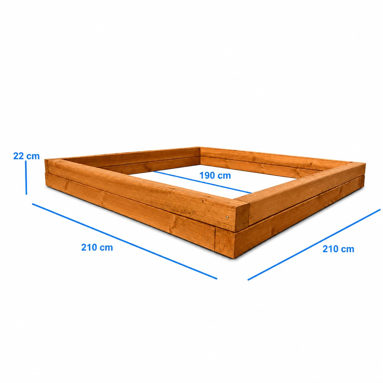 Caja de arena de madera de 210 x 210 cm, color marrón, de postes de madera tratada a presión, resistente a la intemperie y duradera, tratada a presión, kit de montaje hecho a mano con tornillos, fácil