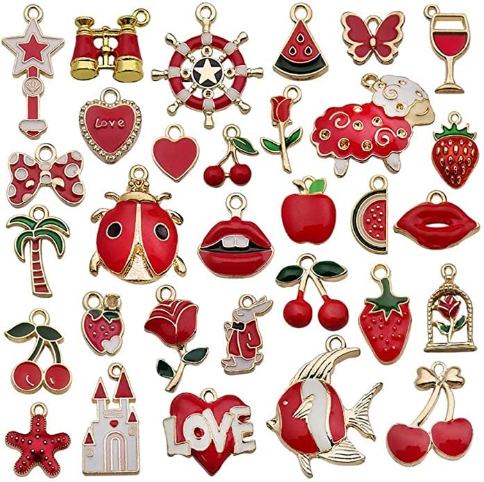 Mixed Charms Pendants 31Pcs, Charms Pendants, Charms for Jewellery Making, Red Enamel DIY Enamel Charms, for Charms Making Necklaces Bracelets Earrings Jewelry Making and Crafting