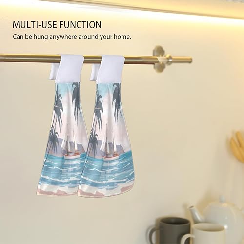 Miniatura 4 de Toallas de cocina con diseño de palmera de playa y océano con lazo para colgar, toallas de mano suaves y absorbentes, toallas de mano duraderas de