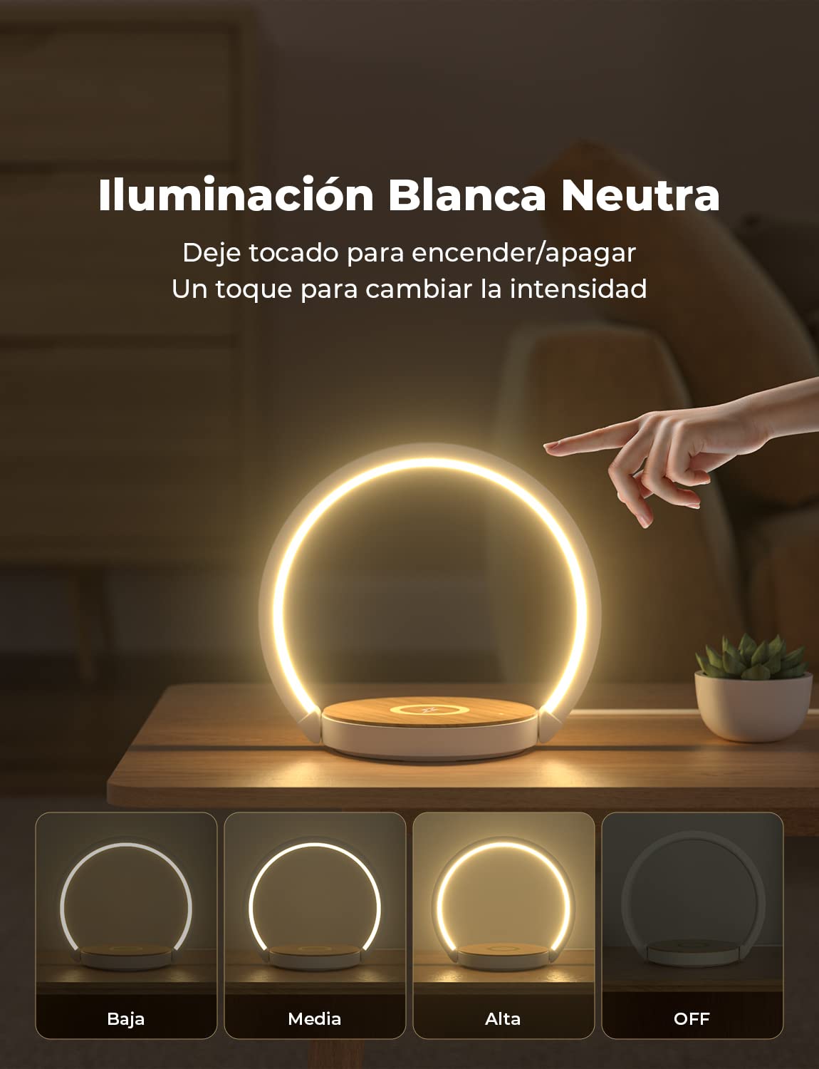 Lámpara de Mesita de Noche Tactil, Regulable en 3 Niveles, Lamparas de Mesita de Noche con Cargador Inalámbrico, Luz Nocturna LED, Para Dormitorio, Escritorio o Regalo