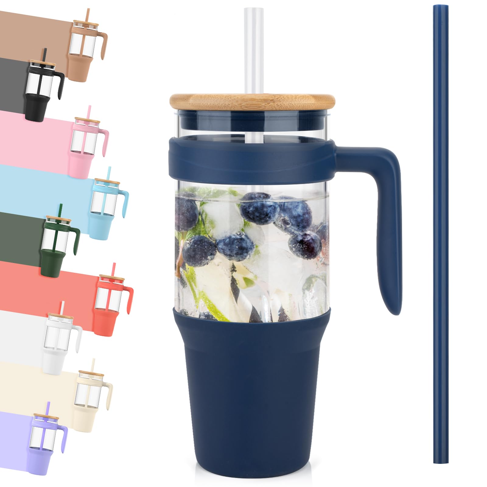 Tronco 40 oz Glass Cups with Lids and Straws, Reusable Glass Tumbler with handle, Iced Coffee Cup with Bamboo Lid, Glass Water Bottles Fit in Cup