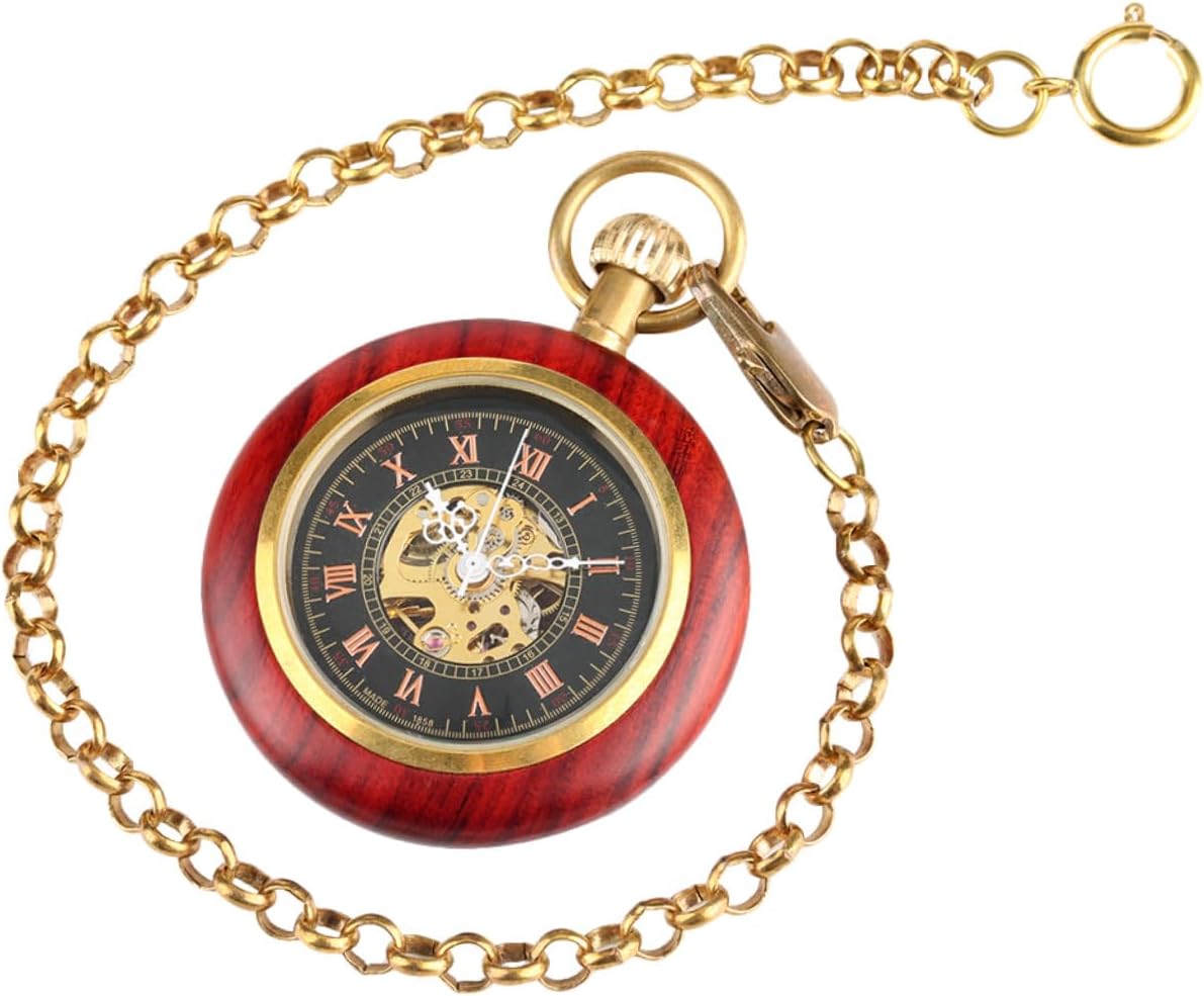 FRCOLOR Vintage Mechanical Pocket Watch with Chain, Copper Wood Grain Roman Numeral Hanging Antique Watch for Elderly Men