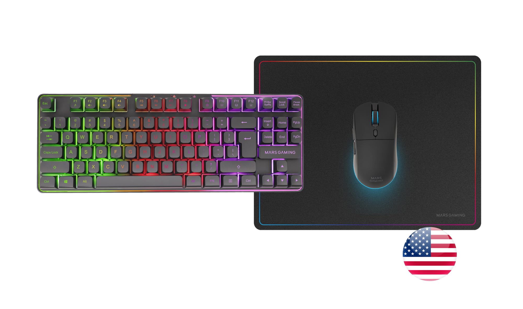 Mars Gaming MCPWTKL, Bezprzewodowy Zestaw Gaming, Technologia DualPro Link 2.4GPRO, Klawiatura TKL FRGB Rainbow + Mysz RGB 3200DPI z Przełącznikami HUANO + Podkładka 360x260mm, Czarny, Angielski US