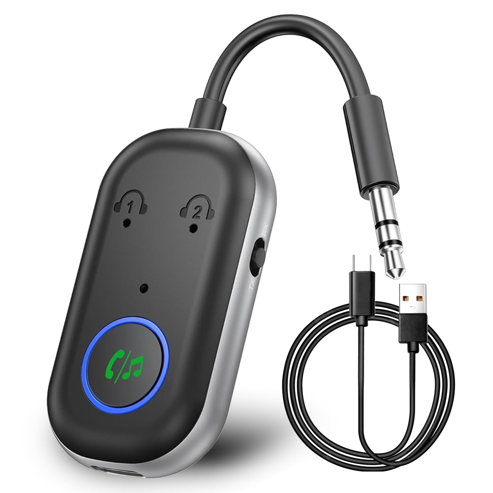 GIBOHOM Trasmettitore Bluetooth 5.3, Adattatore Bluetooth 2-in-1, Adattatore Cuffie Aereo Supporta 2 Auricolare, 3.5 mm AUX Jack Trasmettitore per TV, Telefono Mobile, Car Audio Systems, Palestra