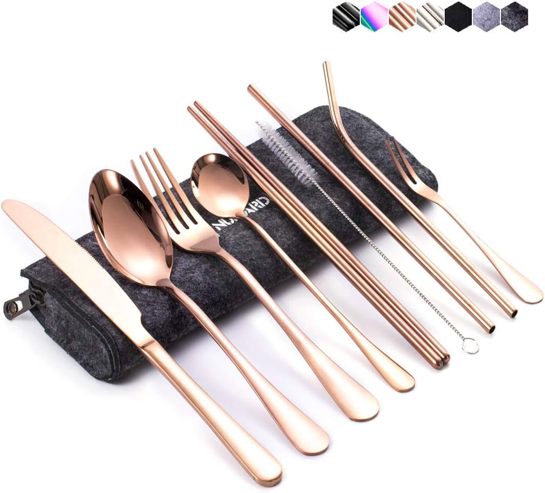 9-Piece Portable Utensils,Travel Camping Cutlery Set, Travel Utensils, Camping Utensils Set, Stainless Stee Flatware set (Rose gold Product and Medium Gray Bag)