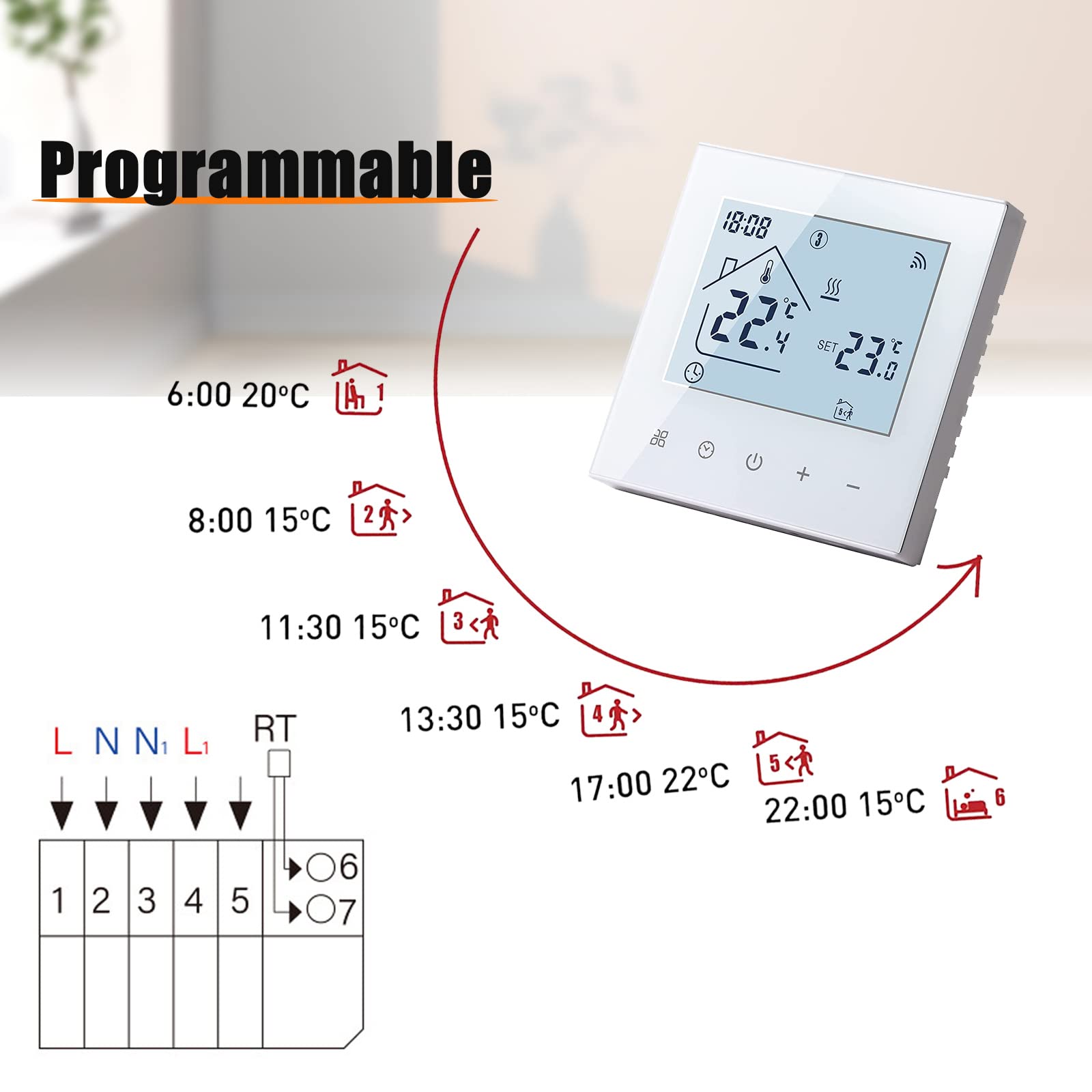 Termostato inteligente WiFi para calefacción por suelo radiante eléctrico,termostato eléctrico de 16A,pantalla táctil digital, regulador de temperatura, 230V, compatible con Alexa Google Home (blanco)