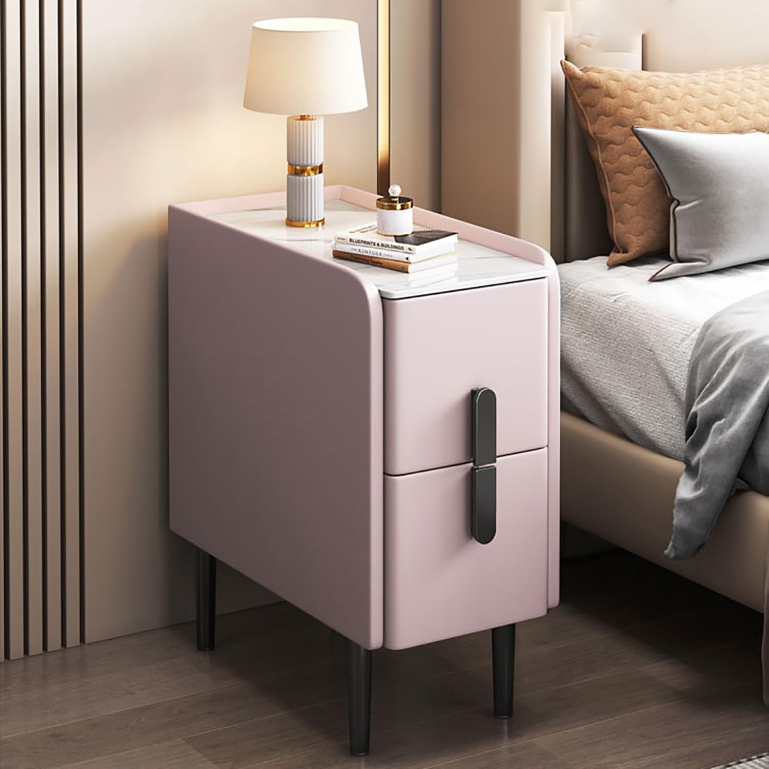 MTSYXYM Fashion Assemble Storage Cabinet,Double Drawer Nightstand,wood nightstand with drawers,w/2 Drawers,with Tapered Legs,for Bedroom, Living Room & Hallway. (Color : Pink, Size : 20x40x50cm)