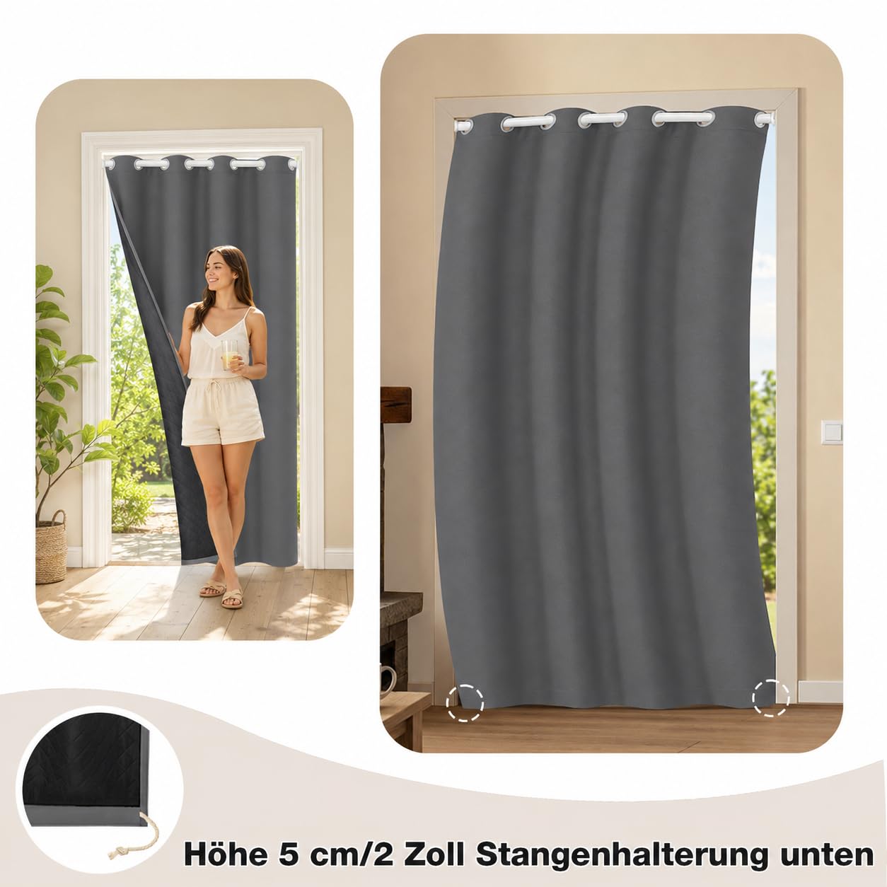 Thermovorhang Kälteschutz Türvorhang Wasserdicht, 1 Stück Mehrlagig Dicker Wärmeschutzvorhang Tür mit Ösen, Verdunklung Gegen Kälte und Hitzen für Haustür, Schlafzimmer(Grau, B110xH203cm)