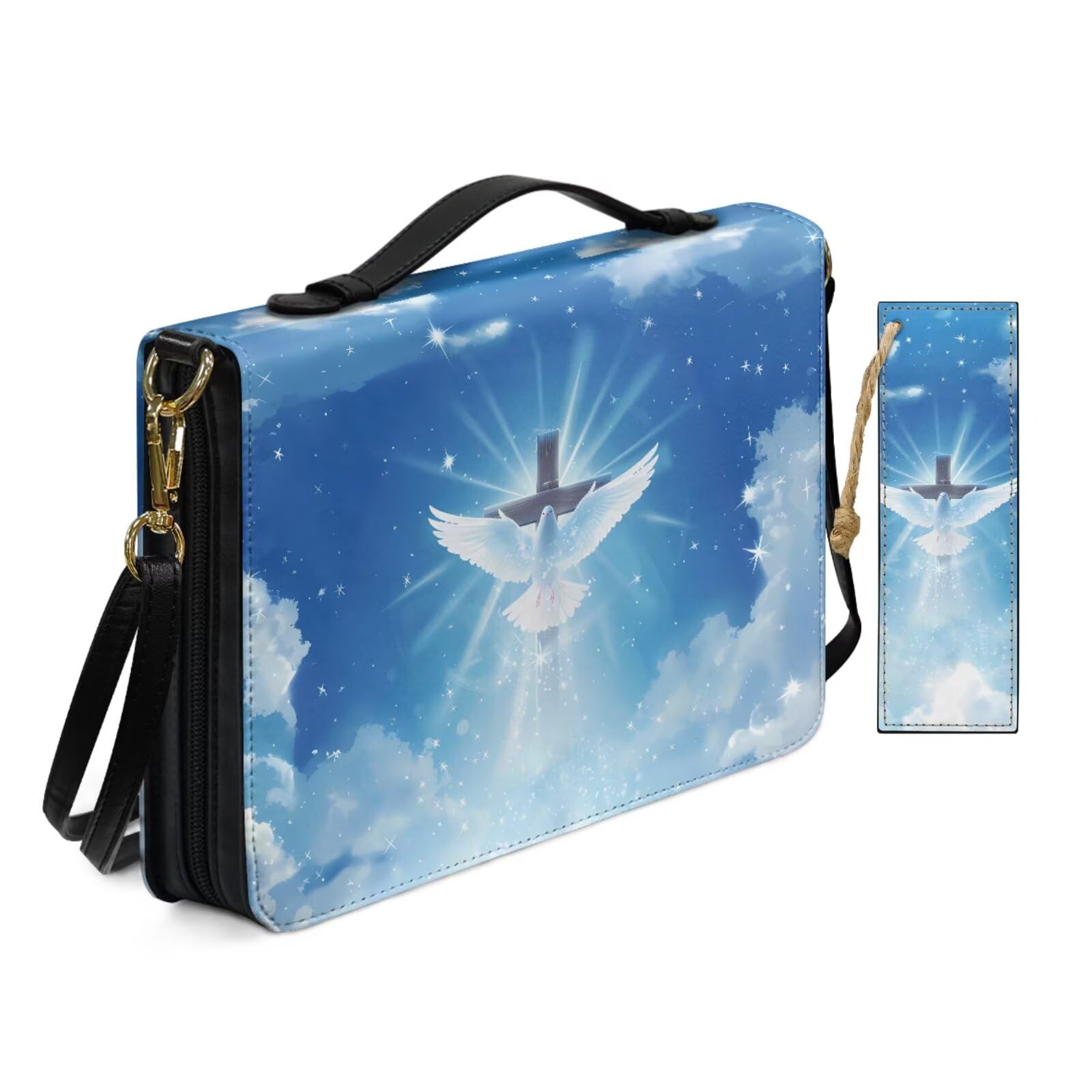 Black Pigeon Cross Bible Cover Case for Women Travel Church Worship Print Pu Leather Shoulder Strap Bible Bags with Bookmark & Handle Pockets Zippered Crossbody Book Covers