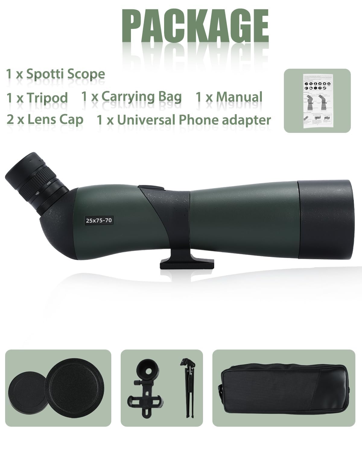 25-75x70 Cannocchiale con Treppiede, Borsa per il Trasporto e Adattatore per Smartphone - Cannocchiale Monoculare Impermeabile per Birdwatching, Tiro a segno, Tiro con Arco, Caccia