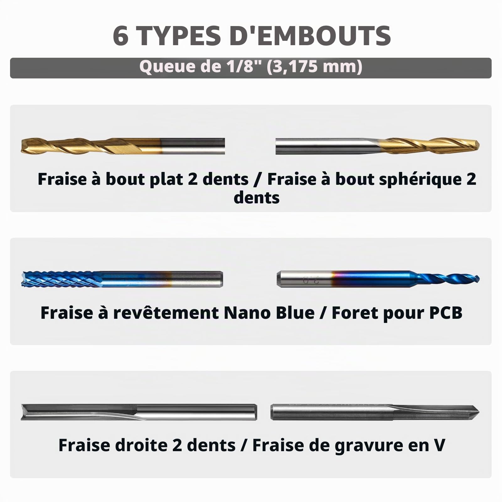 Genmitsu Lot de 50 fraises en carbure de tungstène CNC - Tige de 0,6 cm - Fraise droite à 2 cannelures - Fraise à bec plat et bout à bille - Forets de gravure à rainure en V - MC50A