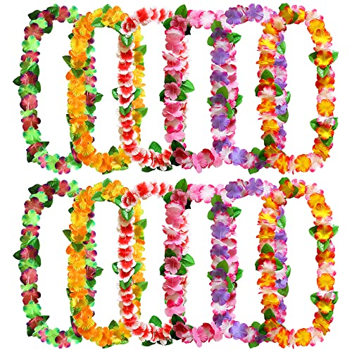 KEYIDO Lot de 12 colliers de fleurs hawaïennes - Guirlandes de leis hawaïennes - Accessoires de fête sur le thème hawaïen - Accessoires de décoration pour plage tropicale Luau Tiki (0229) Cover