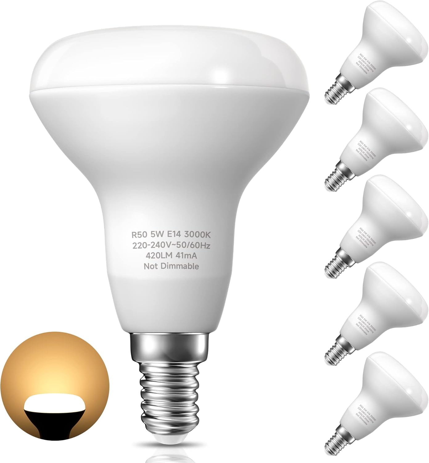 PURSNIC E14 LED Light Bulbs, 5W R50 Reflector LED Bulbs, 40W