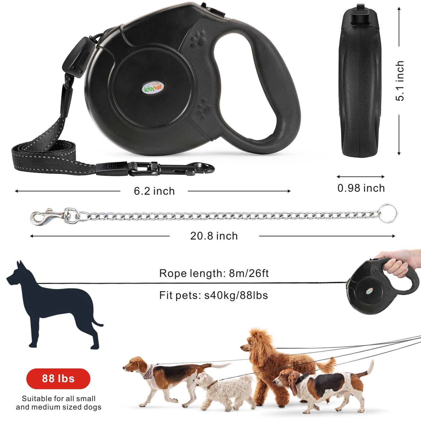 Idepet Laisse rétractable robuste pour chiens de petite et moyenne taille, conception de chaîne en acier anti-mastication, 360 degrés, sans nœuds, système de rupture et de verrouillage, laisse de 26