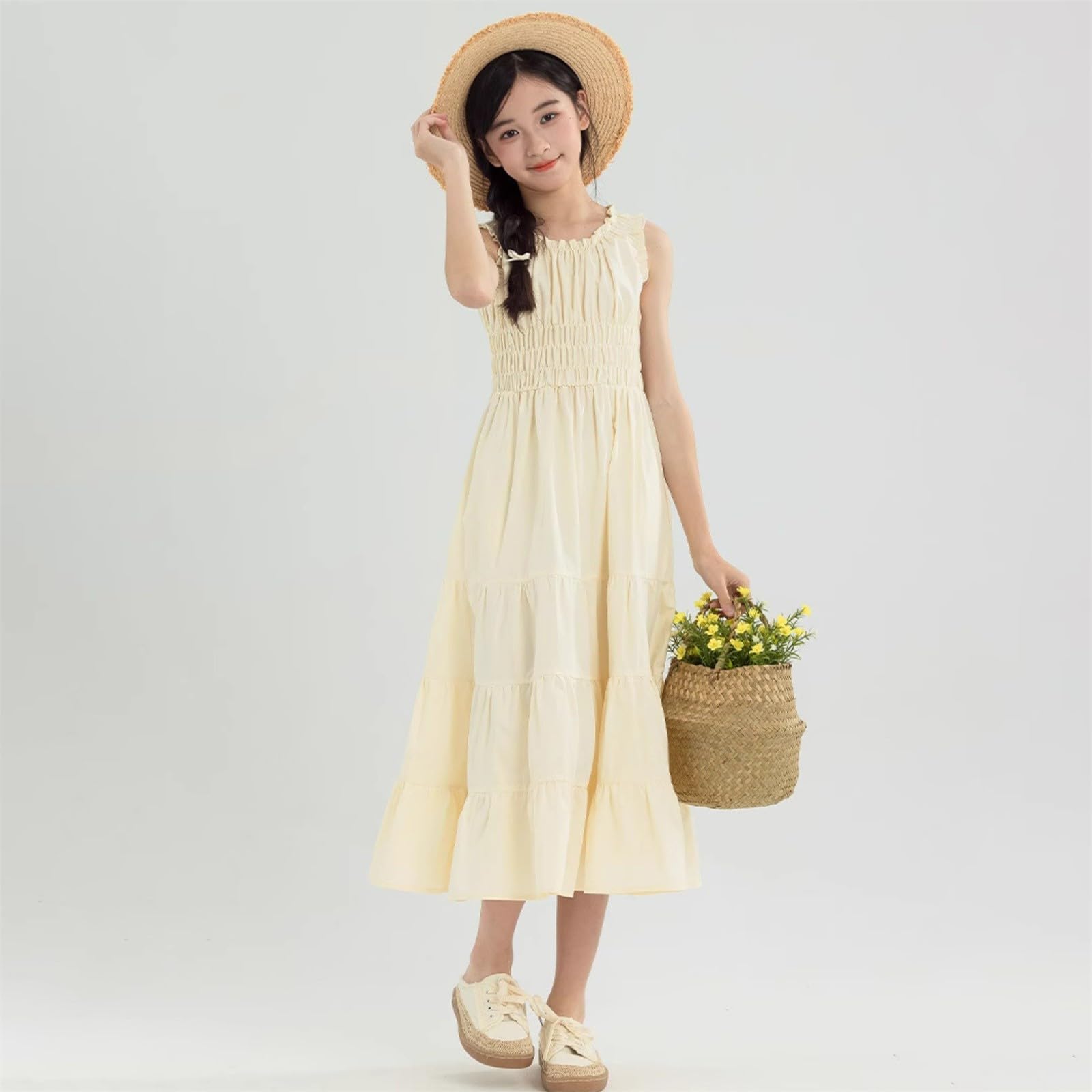 Vestito da ragazza estivo casual boho spiaggia midi fluente prendisole bambini senza maniche smock vacanza A Line abito adolescenti abiti morbidi comfort