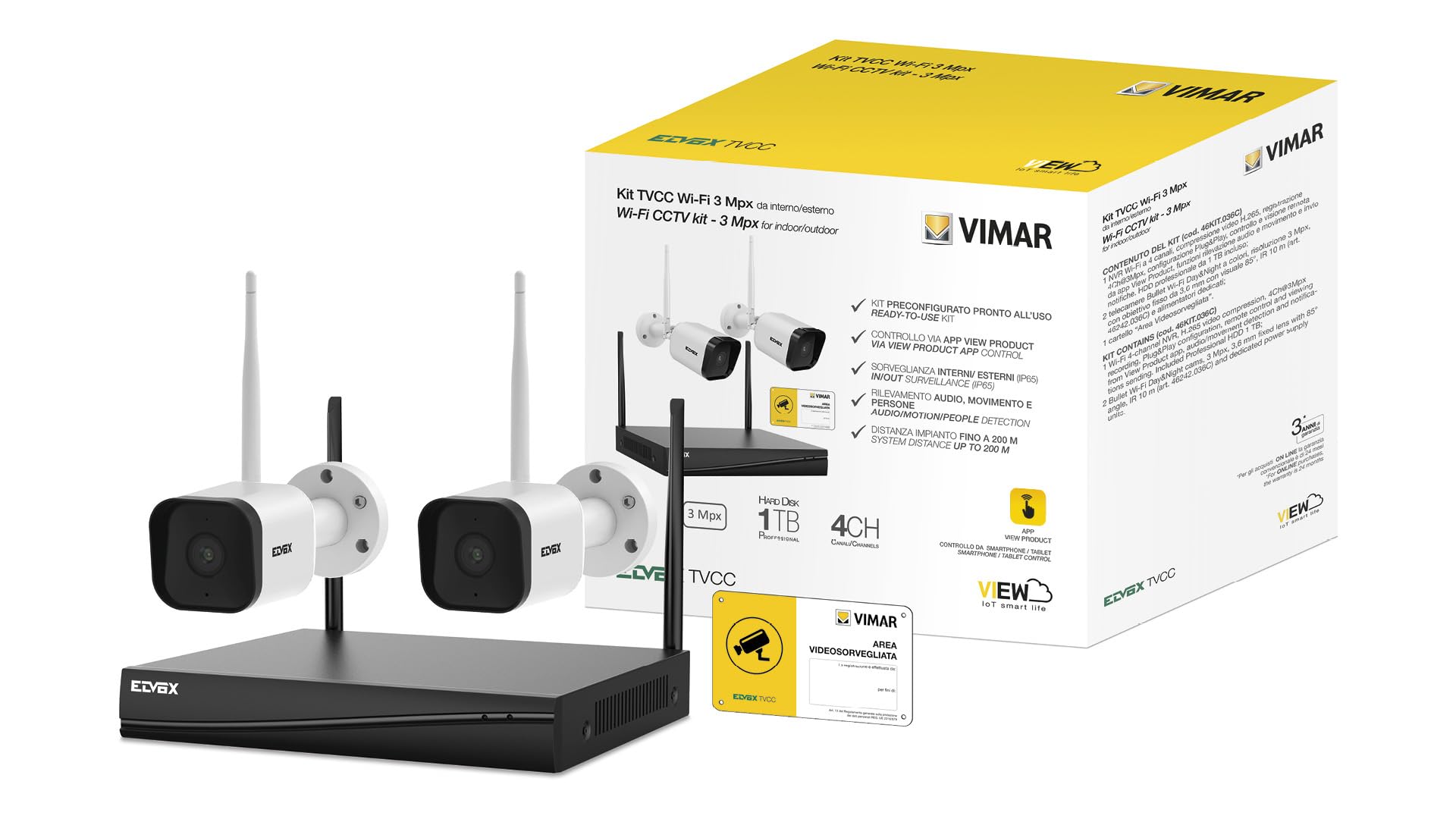 VIMAR 46KIT.036C Kit TVCC WiFi con: 2 telecamere 46242.036C a colori 3 Mpx, 1 NVR WiFi 4Ch@3Mpx, controllo da app VIEW Product, rilevazione audio, movimento e invio notifiche, HDD 1TB incluso, Bianco