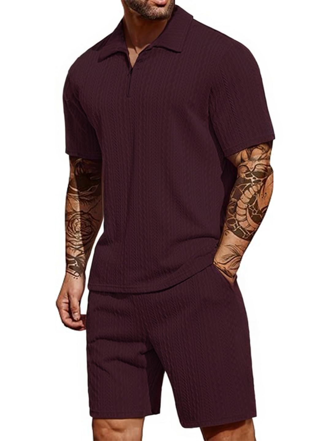 tysort Men's 2 Pieces Outfits Casual Quarter Zip Polo Shirt and Shorts Set Athletic Jogging Summer Knitted Tracksuit,Cord Set for Men-picture-27