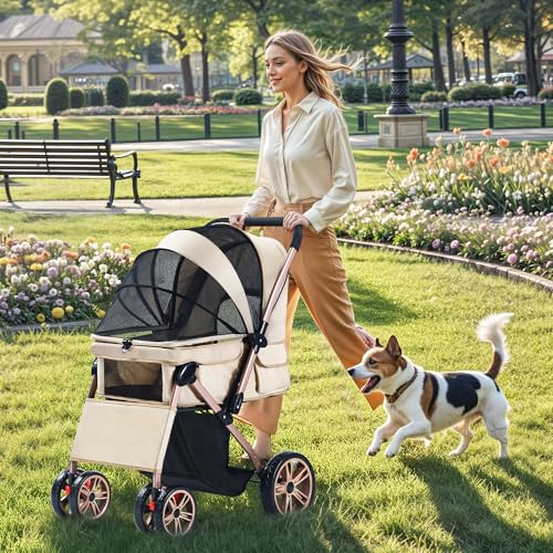 DWVO Hundebuggy 3 in1 Hundebox Transporttasche, Faltbar klappbar Katzenwagen Bis 22kg, 360° Verschleißfeste EVA-Räder, Ablagekorb, Netzfenstern, 58,5x76x105cm, hundewagen für hunde (Beige)