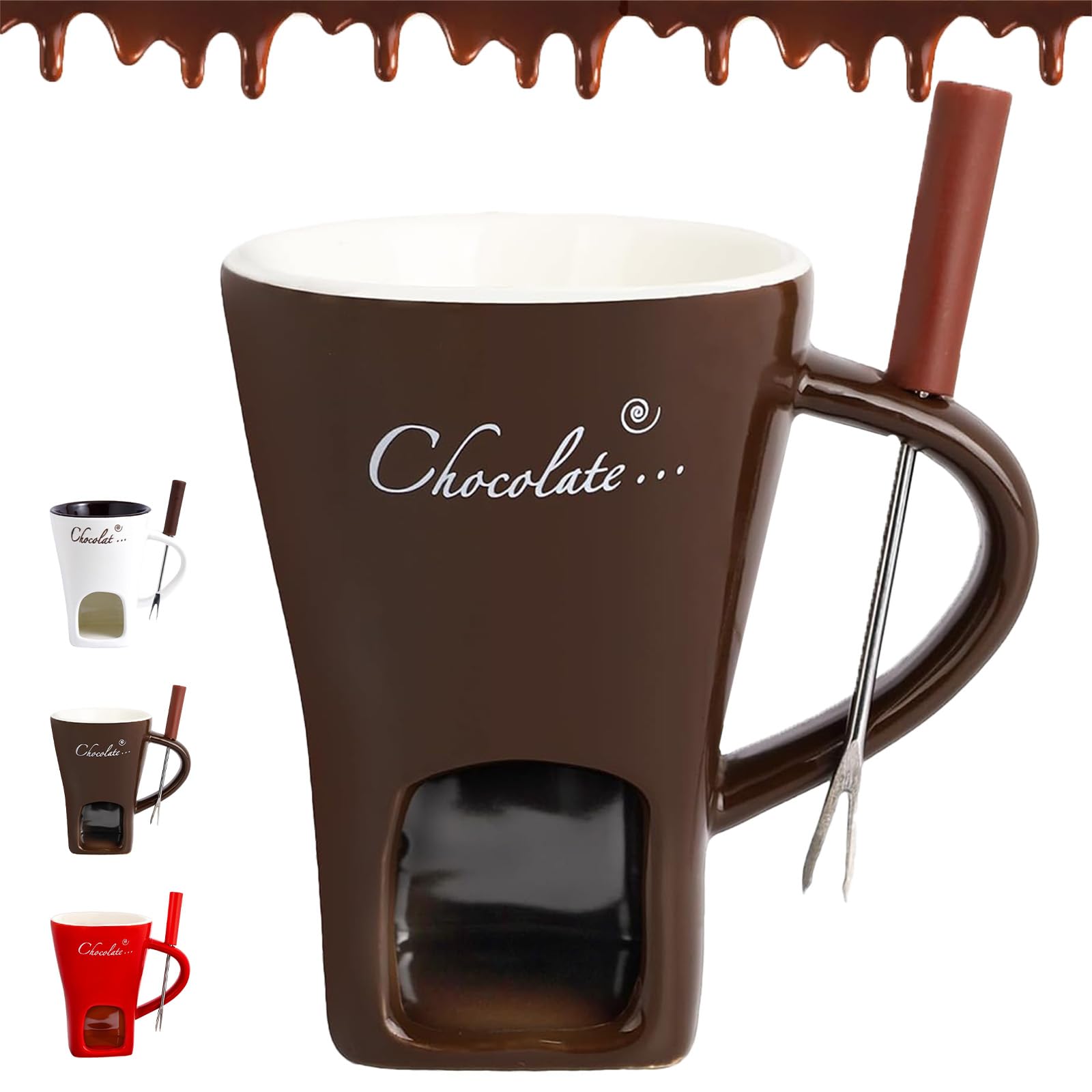 Chocolate Melting Cup, Chocolate Fondue Mug with Forks, Ceramic Butter Warmers Pot Set, Fondue Cup with A Tealight, Ideal Gifts for Christmas Birthday Date Night Wedding Gifts (B)