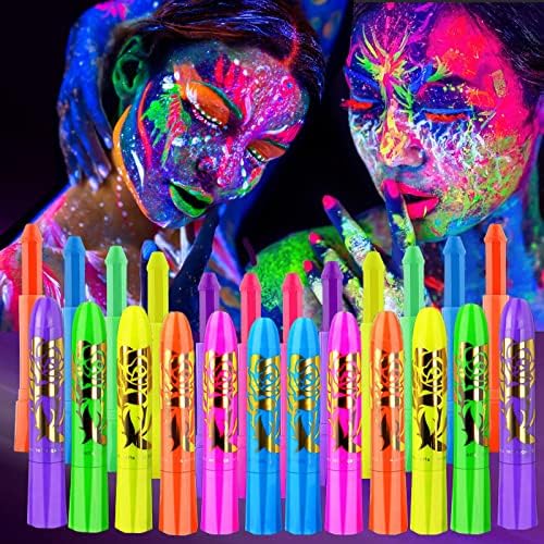 12 PCS Glow Face Body Paint, Glow In The Dark Under UV Black Light Sticks Makeup Neon Face Painting Kits for Adult Halloween Festival Accessory Glow Party Supplies