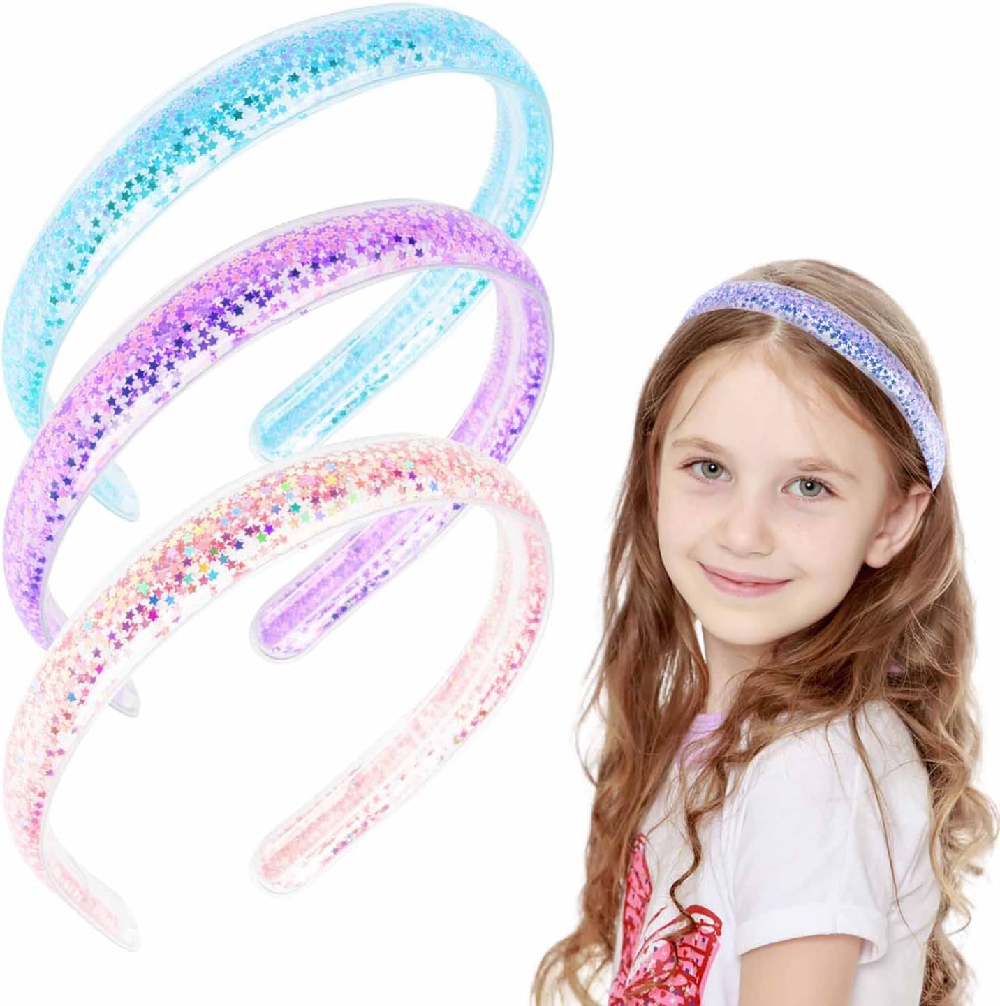 3 PCS Sparkly Headbands for Girls, Sparkly Confetti Headband with Teeth for Kids, Cute Rainbow