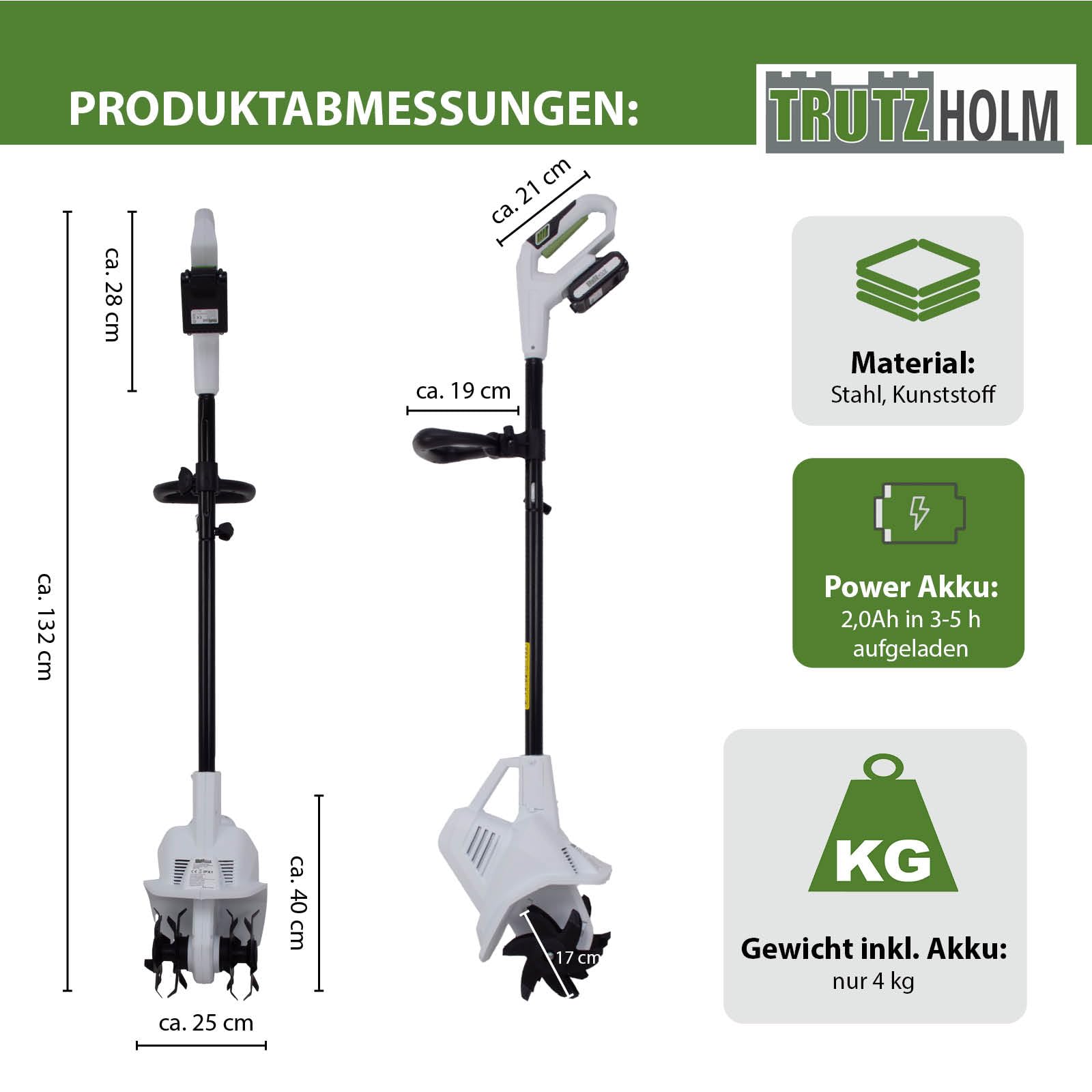 TRUTZHOLM Akku Bodenhacke 20V/2.0Ah mit Akku und Ladegerät 19 cm Arbeitsbreite 24 Klingen 15,5 cm Arbeitstiefe Motorhacke Bodenfräse Gartenfräse Kultivator für Beet und Garten