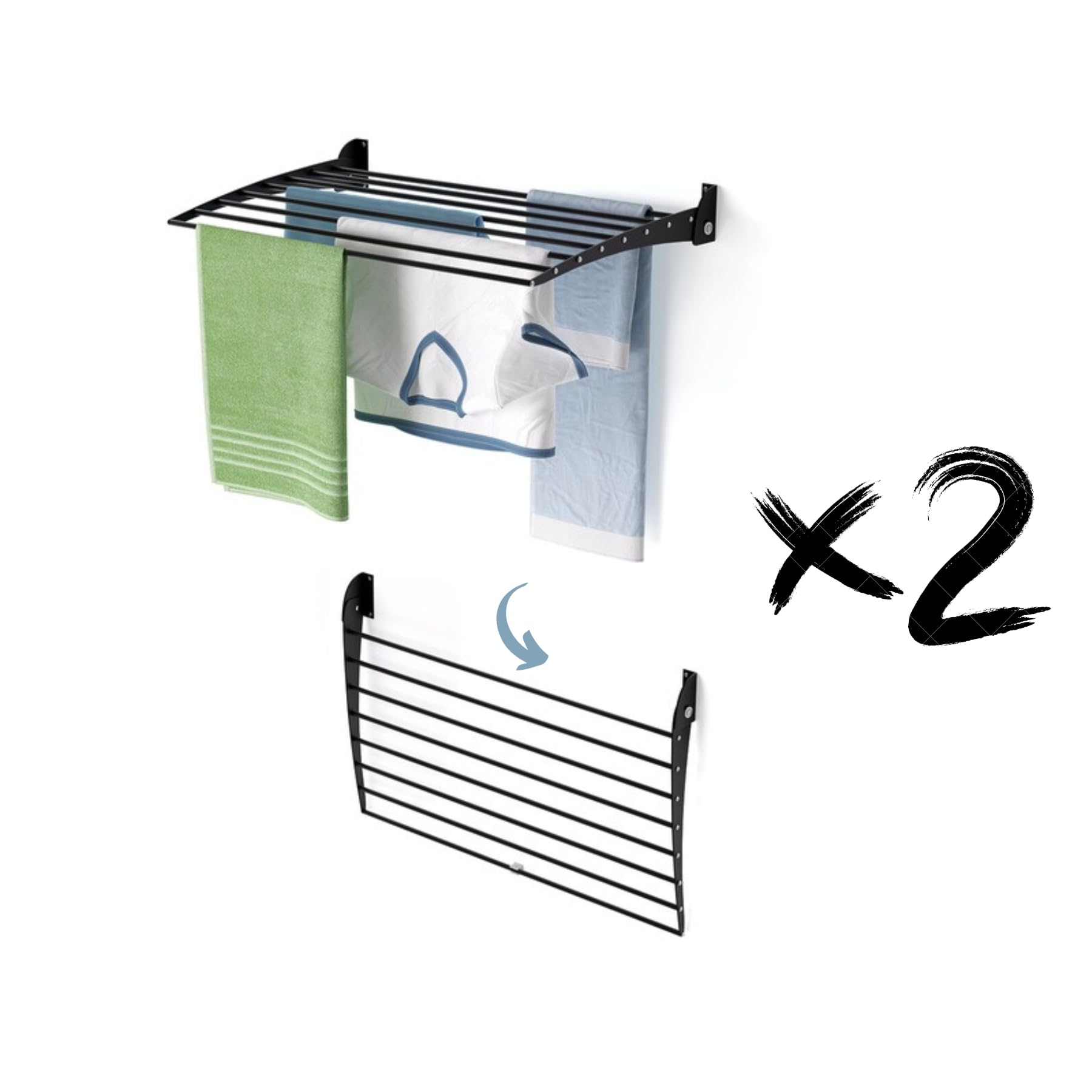 Foxydry Black - Closing Downwards Fold Wall Mounted Clothes Airer, Vertical Folding Indoor And Outdoor Clothes Airer In Aluminium And Steel, 82X50x50 Cm