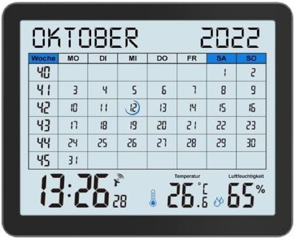 Image of the techno line WT2600 Digital Calendar packaging, showing the device and its key features.