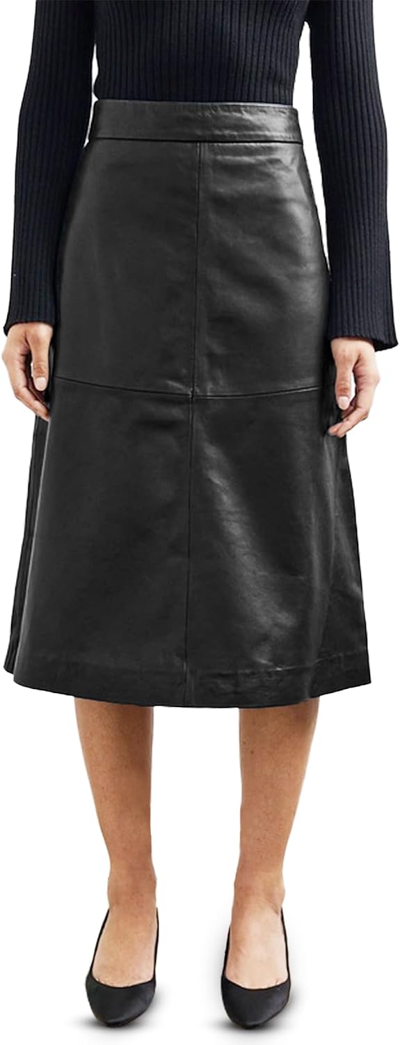 Women’s High-Waisted Faux Leather & Faux Suede A-Line Midi Skirt Versatile Outfit