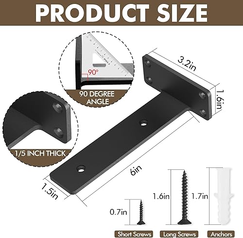 Miniatura 21 de Paquete de 6 soportes de estante resistentes de 8 pulgadas, soportes flotantes para estantes (1/5 pulgadas de grosor), soporte de estante de pared