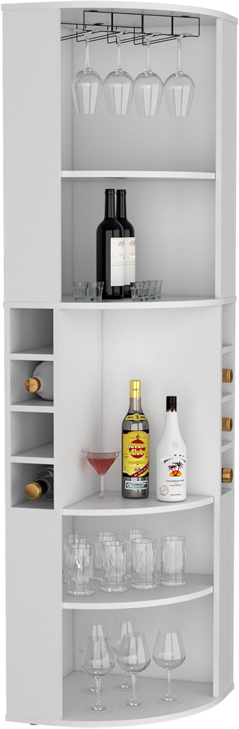 71" Corner Bar Cabinet with Five Shelves, Eight Bottle Cubbies and Stemware,White