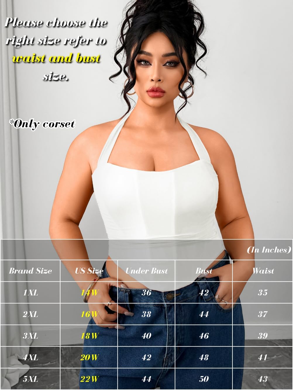 Women's Plus Size Sexy Halter Boned Corset, Square Neck Mesh Lace Up Crop Top, Club Going Out Outfits (14W-22W) - Image 6