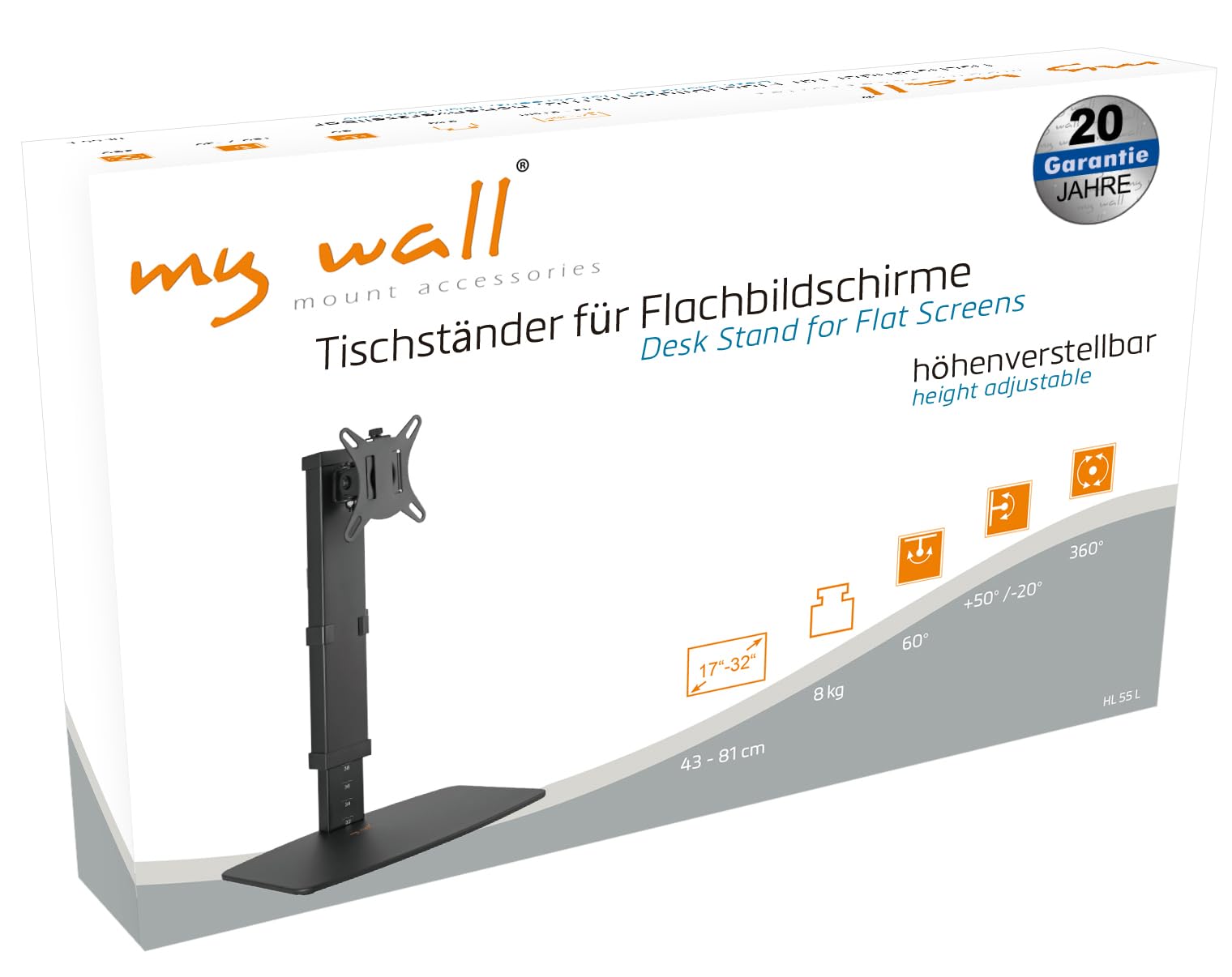 myWall HL 55 L stojak na monitory 17-32 cale (43-81 cm), do 8 kg, regulacja wysokości na 10 poziomach, wychylny, VESA: 75/100, czarny